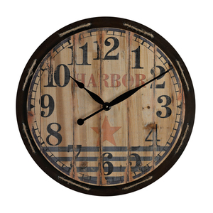 SI268644 Wall Clock - Black / Natural Wood With Stencil Work SI268644 Wall Clock - Black / Natural Wood With Stencil Work